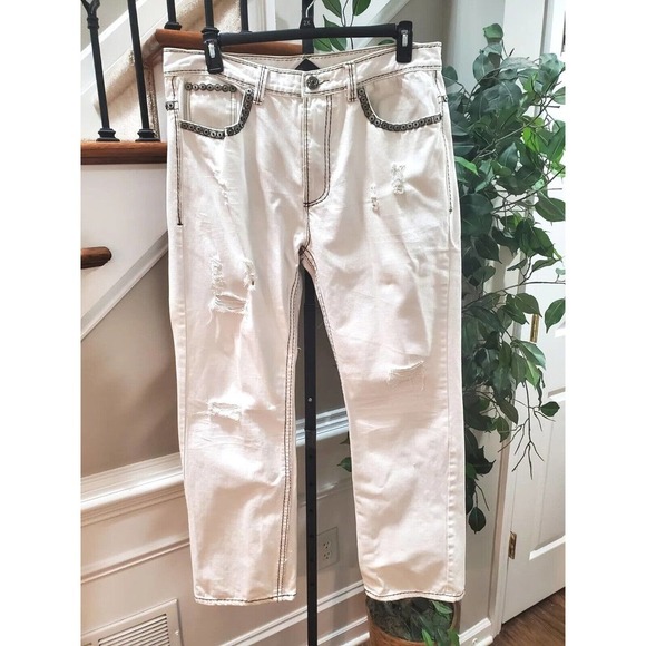 Lanzzino Men's White 100% Cotton Straight Leg Casual Distressed Pant Size 38 - Picture 1 of 12